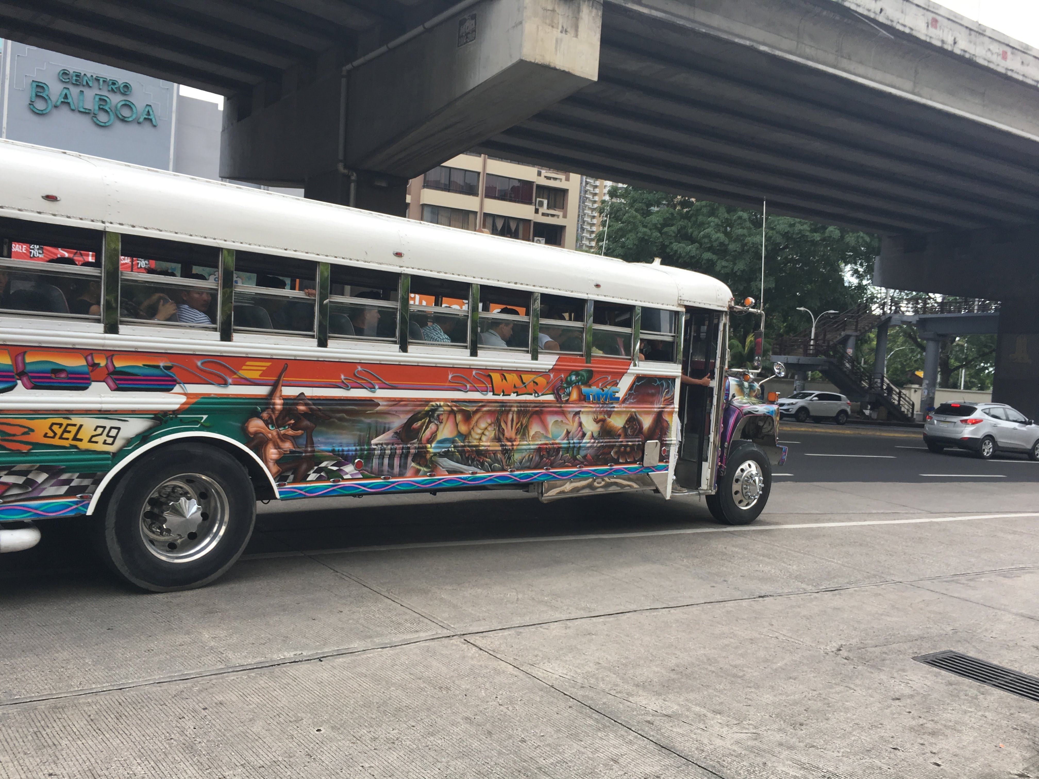 One of the Diablos Rojos buses, common in the city