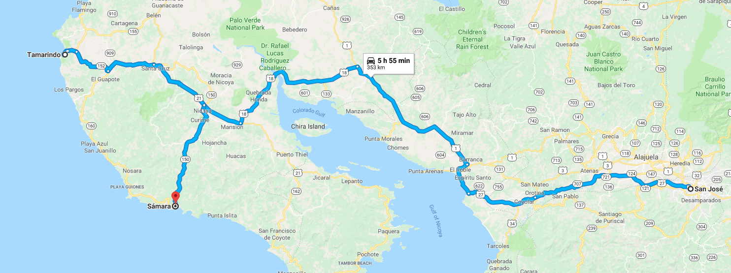 Shuttle from San Jose to Tamarindo, then rental car to Sámara